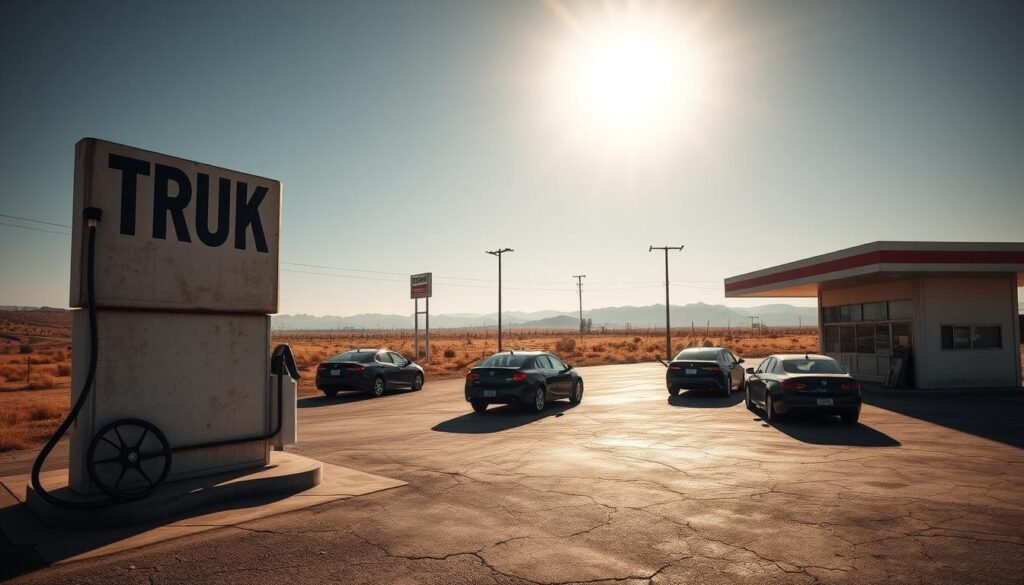 A deserted rural gas station under the scorching midday sun, its lone fuel pump standing idle as cars line up outside, their drivers waiting anxiously. In the foreground, a weathered "TRUK" sign sways in the hot breeze, casting a long shadow across the cracked pavement. The middle ground reveals the station's dilapidated convenience store, its windows boarded up, while in the distance, a hazy landscape of rolling hills and sparse vegetation suggests the remote location. The atmosphere is one of frustration and uncertainty, as the community grapples with the impact of the solar fuel shortage on their daily lives and routines.