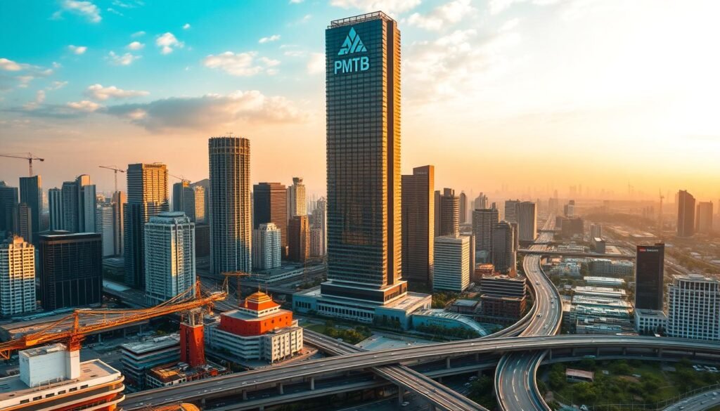 A dynamic cityscape bathed in warm afternoon light, showcasing the impressive growth of private investment in Indonesia. At the center, a towering skyscraper emblazoned with the "PMTB" logo stands tall, surrounded by a bustling mix of modern high-rises, cranes, and construction sites. In the foreground, a network of roads and bridges connect various development projects, while in the distance, the silhouettes of iconic landmarks dot the horizon. The scene conveys a sense of economic vitality, resilience, and the government's ambitious plans to drive sustainable growth through strategic infrastructure investments.