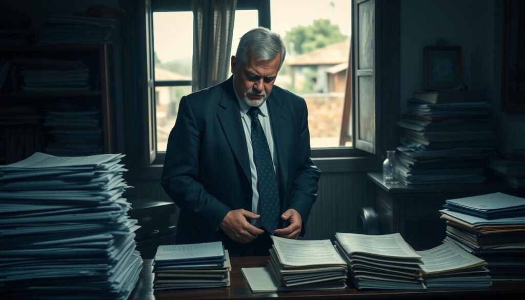 A middle-aged man in a formal suit, standing with a resigned expression, surrounded by stacks of documents and ledgers on a cluttered wooden desk. Dim lighting casts shadows, creating an atmosphere of unease and guilt. The man's face is partly obscured, conveying a sense of shame and discomfort. In the background, a window offers a glimpse of a modest village, hinting at the rural context. The overall scene evokes a sense of a hidden scandal and the weight of responsibility on the shoulders of a village official tasked with managing public funds. Fakta Kita