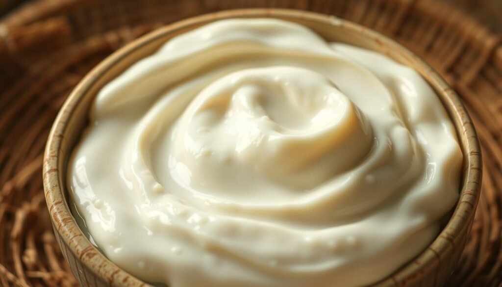 A mouthwatering close-up of a bowl of rich, creamy yogurt, its surface gently rippled and glistening under soft, warm lighting. Embedded within the yogurt are visible strands of probiotic cultures, adding depth and texture. The bowl is set against a background of natural, earthy tones, evoking a sense of wholesome, rustic simplicity. The composition emphasizes the yogurt's central role, drawing the viewer's attention to its nutrients and health benefits. The overall mood is one of nourishment, wellness, and the simple pleasures of a traditional, gut-supporting food.