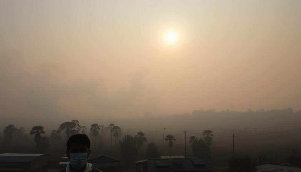 A serene landscape shrouded in hazy air, the sun's rays barely piercing through the thick, polluted atmosphere. In the foreground, a small community grapples with the consequences, their faces obscured by protective masks as they go about their daily lives. The middle ground reveals the scale of the problem, with smoldering trees and billowing smoke in the distance, a testament to the raging forest fires that have plagued the region. The background fades into a muted, muted palette, emphasizing the somber mood and the lingering impact on the environment. The scene is captured with a wide-angle lens, conveying a sense of isolation and the overwhelming vastness of the crisis. The overall atmosphere is one of unease and uncertainty, reflecting the challenges faced by the affected communities.