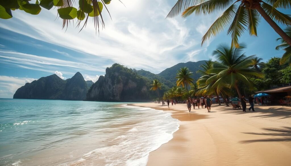 A serene tropical beach with turquoise waters lapping gently against the golden sand. Lush palm trees sway in the gentle breeze, casting dappled shadows across the inviting scene. In the distance, rugged cliffs rise up, creating a dramatic backdrop for this picturesque landscape. Sunlight filters through wispy clouds, illuminating the scene with a warm, natural glow. Groups of people stroll along the shoreline, enjoying the tranquil atmosphere and natural beauty of Pantai Kuala Beukah. The reopened beach is bustling with activity, as local vendors and businesses thrive, reviving the area's vibrant economy.