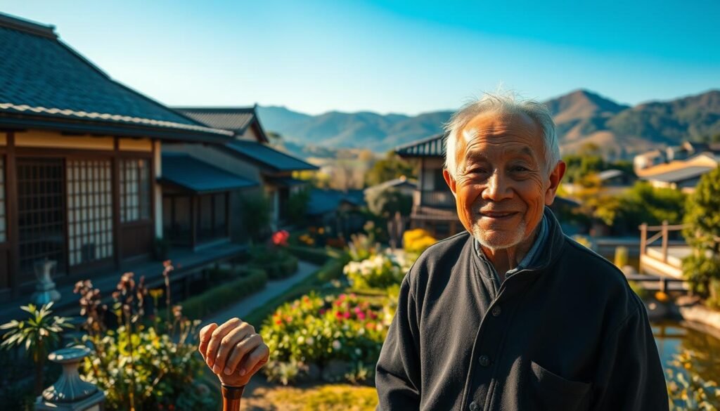 A serene village scene in the heart of the Japanese countryside, bathed in soft, golden light. In the foreground, an elderly man with weathered features and a warm smile, his hands resting on a wooden cane. Behind him, a traditional Japanese home with tiled roofs and intricate latticed windows. The middle ground showcases a lush garden, meticulously tended, with fragrant flowers and a tranquil pond. In the distance, rolling hills and a clear blue sky, hinting at the longevity and vitality of this centenarian community. The overall atmosphere exudes a sense of timelessness, wisdom, and the harmonious balance between nature and traditional Japanese living.