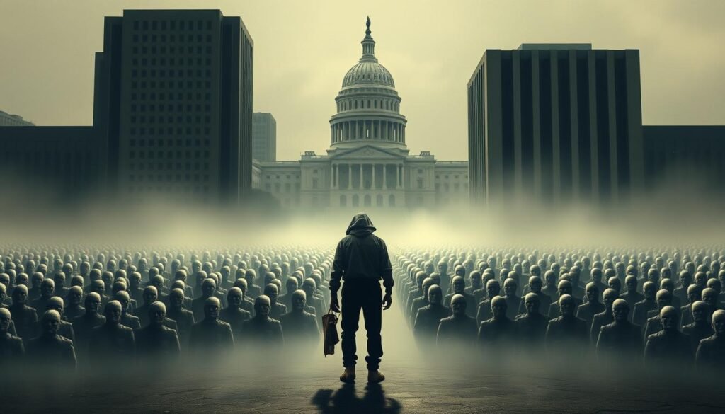 A somber yet striking scene depicting the fiscal and social impact of government policies. In the foreground, a single disheveled figure representing the plight of contract or honorary workers, their future uncertain against a backdrop of towering government buildings, symbolizing the bureaucratic machinery. The middle ground features a sea of faceless figures, each representing the masses affected by budgetary decisions, their expressions conveying a sense of resignation and despair. The background is hazy, with a muted color palette evoking the weight of the economic and social consequences. The lighting is stark, casting deep shadows and highlighting the gravity of the situation. The overall composition creates a powerful visual metaphor for the human toll of fiscal policies. A somber yet striking scene depicting the fiscal and social impact of government policies. In the foreground, a single disheveled figure representing the plight of contract or honorary workers, their future uncertain against a backdrop of towering government buildings, symbolizing the bureaucratic machinery. The middle ground features a sea of faceless figures, each representing the masses affected by budgetary decisions, their expressions conveying a sense of resignation and despair. The background is hazy, with a muted color palette evoking the weight of the economic and social consequences. The lighting is stark, casting deep shadows and highlighting the gravity of the situation. The overall composition creates a powerful visual metaphor for the human toll of fiscal policies.