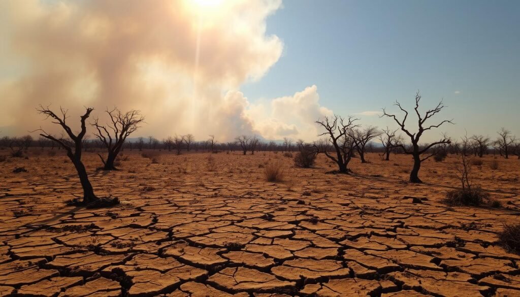 A vast, scorched expanse of dry, cracked earth stretches across the frame, the sun's harsh glare casting long, ominous shadows. Thick, billowing smoke plumes rise in the distance, obscuring the horizon. Scattered, blackened trees dot the desolate landscape, their bare branches reaching skyward like grasping fingers. The ground is littered with the charred remains of vegetation, a testament to the raging fire that has consumed the land. The air is thick with the acrid scent of burning, and a sense of oppressive heat permeates the scene, creating a foreboding atmosphere that conveys the challenges faced by the firefighters battling the blaze.