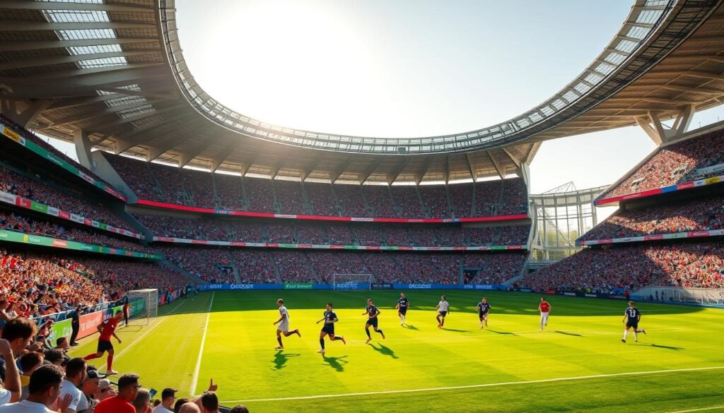 A vibrant and dynamic soccer stadium with an international flair, the 2026 World Cup stands as a beacon of global unity. The field is a lush, verdant pitch, with players in national team uniforms darting across it, their movements captured in a blur of speed and skill. The stands are packed with cheering fans, their faces alight with anticipation and pride. The stadium's architecture is a harmonious blend of modern and traditional elements, with towering grandstands and intricate, sweeping arches that frame the action below. Sunlight streams in through large windows, casting a warm, golden glow over the entire scene. This image captures the energy, excitement, and international camaraderie that will define the 2026 World Cup, a stage where the next generation of soccer stars will have the chance to shine.