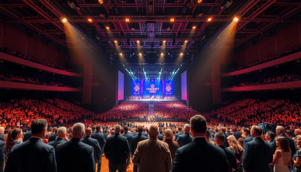A well-lit and expansive event venue, with a stage at the center. In the foreground, a group of event organizers in formal attire, overseeing the preparation of the space. The middle ground showcases a mix of security personnel and technical staff, ensuring the venue's safety and smooth operation. The background features a large, vibrant audience eagerly awaiting the start of the highly anticipated concert. The lighting is warm and inviting, creating a sense of anticipation and energy. The overall atmosphere conveys the excitement and professionalism of the event organizers as they navigate the challenges and opportunities of hosting a large-scale music performance.