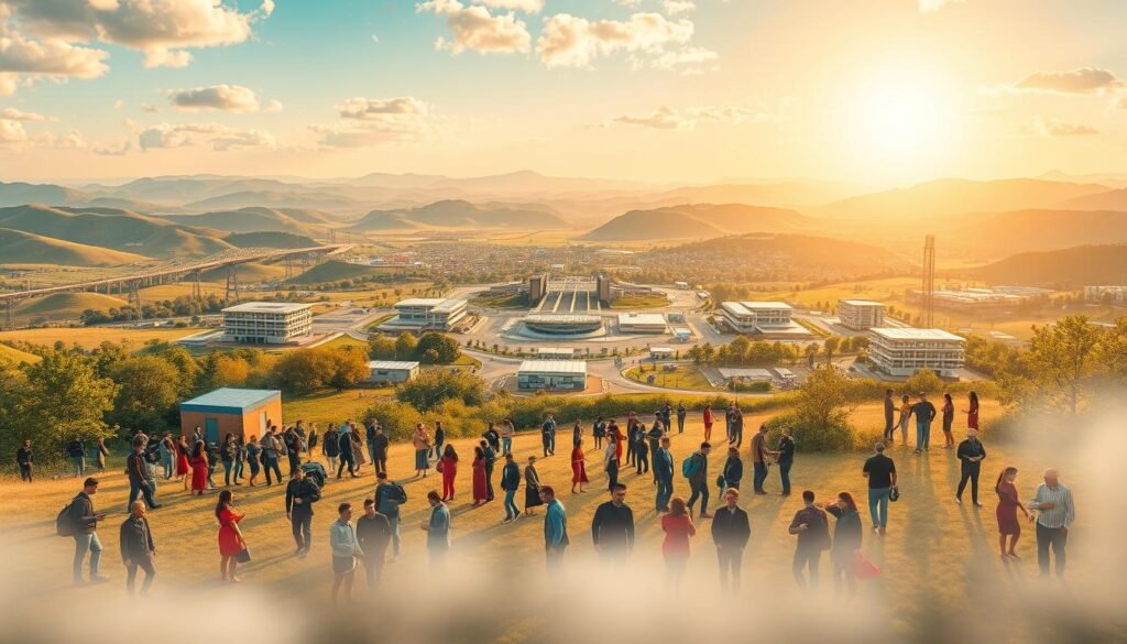 An expansive landscape depicting a "stimulus program" initiative, with a vibrant and optimistic atmosphere. In the foreground, a group of diverse people engage in various economic activities, representing the diverse sectors and individuals benefiting from the program. The middle ground showcases modern infrastructure and facilities, symbolizing the government's investment in economic growth and development. In the background, a scenic vista of rolling hills and a bright, sun-dappled sky conveys a sense of progress and opportunity. Warm, diffused lighting illuminates the scene, creating a welcoming and inclusive ambiance. The overall composition communicates the government's efforts to maintain economic momentum and strengthen consumer purchasing power through strategic stimulus measures.