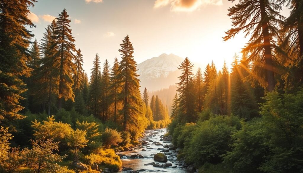 Stunning natural wonder, a vibrant forest landscape with towering trees, lush greenery, and a tranquil stream flowing gently through the center. Warm, golden sunlight filters through the canopy, casting a soft, ethereal glow over the scene. In the distance, a majestic mountain range rises, its peaks capped with pristine snow. The atmosphere is one of serene tranquility, inviting the viewer to immerse themselves in the beauty of this untouched wilderness. The image captures the essence of a thriving, rejuvenated tourist destination, where visitors can escape the hustle and bustle of everyday life and connect with the restorative power of nature.