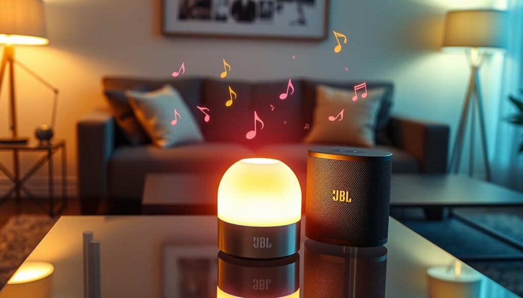 A beautifully lit Govee Table Lamp 2 Pro placed on a modern glass table, glowing in sync with vibrant colored lights that pulse in harmony with soft music notes that float through the air. Surrounding the lamp is a sleek JBL speaker, showcasing its design with a subtle shine. The lighting creates a warm, cozy atmosphere, highlighting the technology behind the audio-light synchronization. In the background, a stylish living room setup is visible, featuring minimalistic decor and soft, ambient lighting. The angle captures the lamp and speaker diagonally, emphasizing their connection. The overall mood is inviting and innovative, showcasing the cutting-edge technology of the Govee and JBL partnership. A beautifully lit Govee Table Lamp 2 Pro placed on a modern glass table, glowing in sync with vibrant colored lights that pulse in harmony with soft music notes that float through the air. Surrounding the lamp is a sleek JBL speaker, showcasing its design with a subtle shine. The lighting creates a warm, cozy atmosphere, highlighting the technology behind the audio-light synchronization. In the background, a stylish living room setup is visible, featuring minimalistic decor and soft, ambient lighting. The angle captures the lamp and speaker diagonally, emphasizing their connection. The overall mood is inviting and innovative, showcasing the cutting-edge technology of the Govee and JBL partnership.