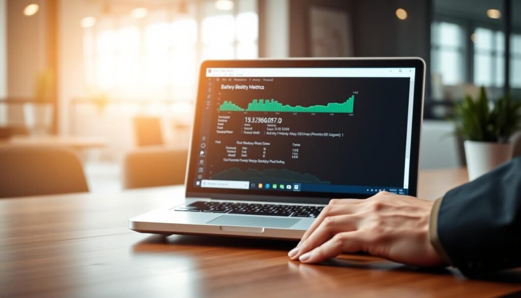 A detailed and informative scene depicting a laptop on a wooden desk, showcasing an open Command Prompt window displaying battery health metrics. In the foreground, there are close-up views of the laptop's screen, with graphs and data points concerning battery health clearly visible. The middle layer features a laptop with a sleek design, while a pair of professional hands in business attire types on the keyboard. The background is softly blurred, featuring subtle hints of a modern office environment with ambient natural lighting streaming in from a nearby window. The overall atmosphere is focused and technical, evoking a sense of professionalism and clarity in analyzing battery data.
