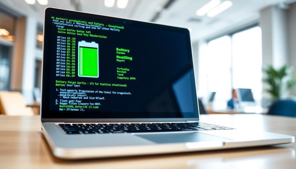 A detailed and visually engaging image of a laptop battery health report displayed on a laptop screen. The foreground features a modern laptop with a sleek design, its screen showcasing a colorful command prompt window filled with battery statistics and details. In the middle, include a close-up view of the battery icon with a green health indicator. The background should feature a well-lit office environment with soft, natural lighting, creating a professional atmosphere. Ensure the color palette is balanced, with a focus on blues and greens to evoke a sense of technology and reliability. Capture the image from a slightly angled perspective to add depth, emphasizing the laptop as the central element in a practical and tech-savvy context.