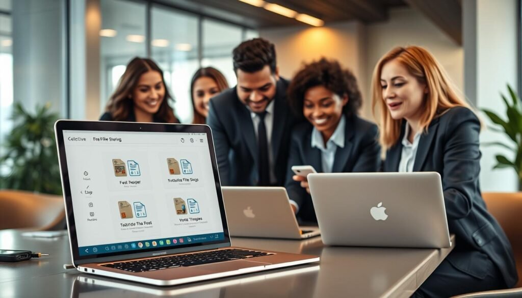 A modern, streamlined workspace featuring a diverse group of professionals in business attire, collaboratively selecting a file-sharing application on laptops and mobile devices. In the foreground, focus on a laptop screen displaying an intuitive app interface with fast transfer speeds, showcasing large files being moved effortlessly. In the middle, a diverse team of three to four people, engaged in discussion, with expressions of concentration and enthusiasm. The background should include a sleek office environment with soft lighting, perhaps some greenery or windows showing a cityscape. The atmosphere is dynamic and focused, conveying the importance of efficiency in file sharing. Use a warm color palette to evoke a sense of productivity and teamwork.