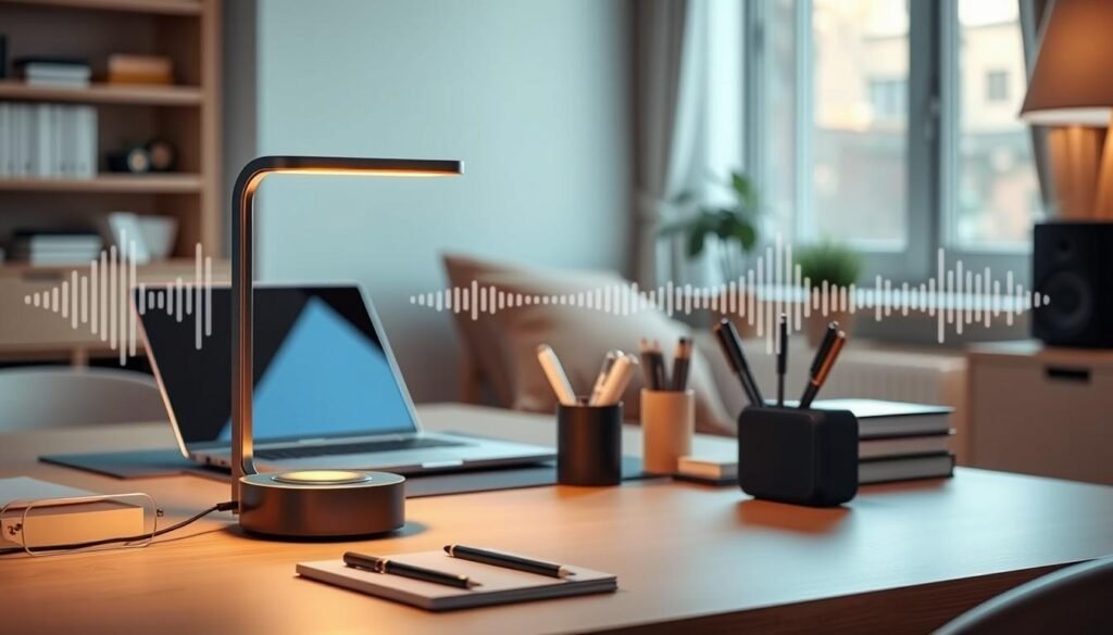 A sleek and modern Govee Table Lamp 2 Pro illuminating a stylish home office workspace, showcasing its dual functionality as both a lamp and a speaker. In the foreground, the lamp has a contemporary design with soft, ambient lighting emitting a warm glow. The middle ground features an open laptop and neatly arranged stationery, enhancing the productivity vibe. In the background, a subtle sound wave graphic hints at the lamp's audio capabilities. The room is softly lit with natural light coming through a window, creating a cozy yet professional atmosphere. Capture this scene from a slightly elevated angle to highlight the lamp’s features, ensuring all elements blend harmoniously. Aim for a clean, polished look, avoiding any clutter to focus on the lamp’s technical aesthetics and functionality. A sleek and modern Govee Table Lamp 2 Pro illuminating a stylish home office workspace, showcasing its dual functionality as both a lamp and a speaker. In the foreground, the lamp has a contemporary design with soft, ambient lighting emitting a warm glow. The middle ground features an open laptop and neatly arranged stationery, enhancing the productivity vibe. In the background, a subtle sound wave graphic hints at the lamp's audio capabilities. The room is softly lit with natural light coming through a window, creating a cozy yet professional atmosphere. Capture this scene from a slightly elevated angle to highlight the lamp’s features, ensuring all elements blend harmoniously. Aim for a clean, polished look, avoiding any clutter to focus on the lamp’s technical aesthetics and functionality.