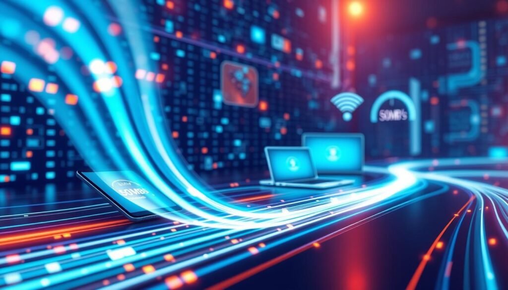 A sleek and modern digital illustration depicting the concept of "optimal transfer speed" in a file-sharing scenario, showcasing a vibrant, high-tech environment. In the foreground, visualize a dynamic representation of data streams, with glowing lines of light symbolizing rapid file transfer, flowing seamlessly from one device to another. In the middle ground, include stylized devices such as smartphones and laptops, connected wirelessly, displaying visual indicators of high transfer speeds, like speedometers reaching 50MB/s. In the background, a network grid or abstract technology pattern enhances the atmosphere of a cutting-edge tech environment. Use bright, energetic lighting to emphasize a sense of speed and efficiency, with a slight blur effect on the data streams to suggest rapid movement. The overall mood should convey innovation and seamless connectivity.