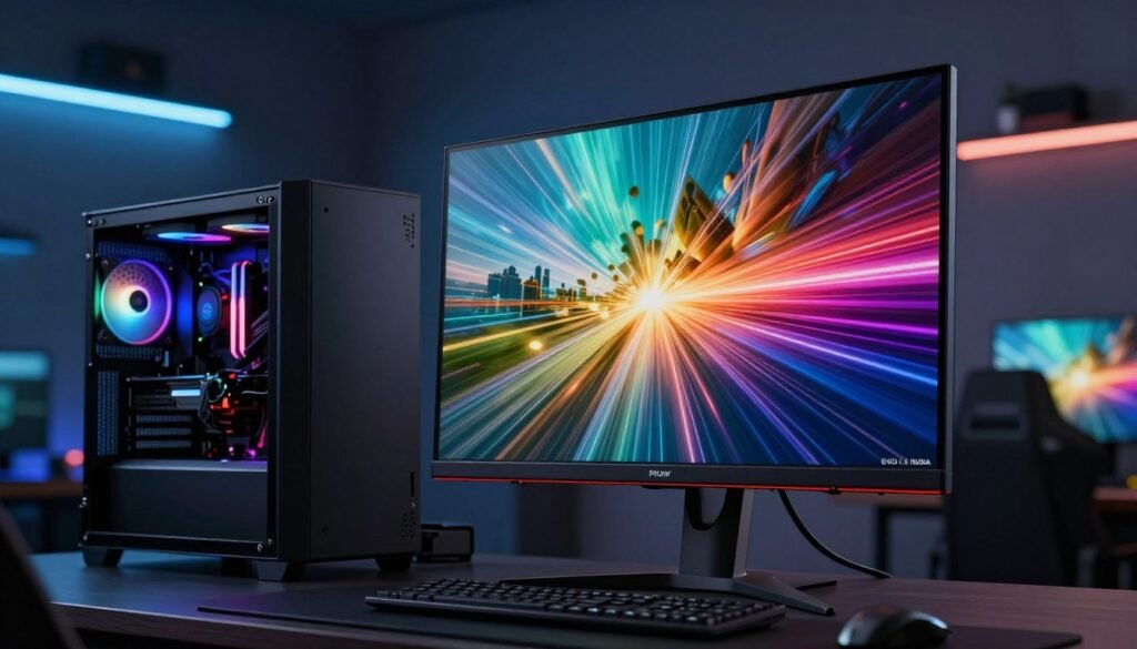 A futuristic computer setup showcasing NVIDIA's G-SYNC Pulsar technology. In the foreground, a sleek, high-end gaming monitor displays vibrant graphics with motion smoothness indicative of advanced G-SYNC capabilities. In the middle ground, a powerful gaming PC with a transparent side panel reveals glowing RGB components, symbolizing cutting-edge hardware. The background features a dimly lit, modern gaming room with ambient LED lighting, creating a high-tech atmosphere. Soft reflections on the monitor screen highlight the clarity and detail of visuals. The scene is captured from a low angle to emphasize the monitor's prominence, and the mood is dynamic and exciting, reflecting the revolutionary advancements in display technology.