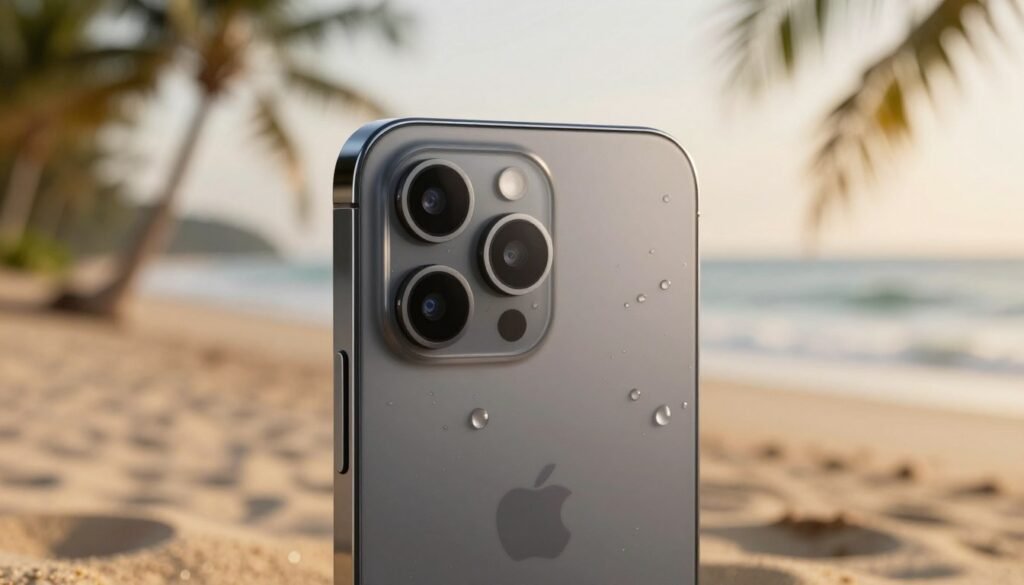 A sleek, modern smartphone with a robust design, showcasing features that highlight its dust and water resistance. The phone is positioned in the foreground, angled slightly to reveal its smooth edges and durable materials. Water droplets glisten on its surface, reflecting light from a warm, soft source to emphasize the phone's resilience. In the middle ground, a subtle environmental setting features a sandy beach backdrop, reinforcing the theme of durability against nature. The background includes blurred palm trees and gentle waves, creating a serene yet adventurous mood. The overall image should convey a sense of reliability, comfort, and style for everyday use, capturing the essence of an ideal daily driver smartphone.